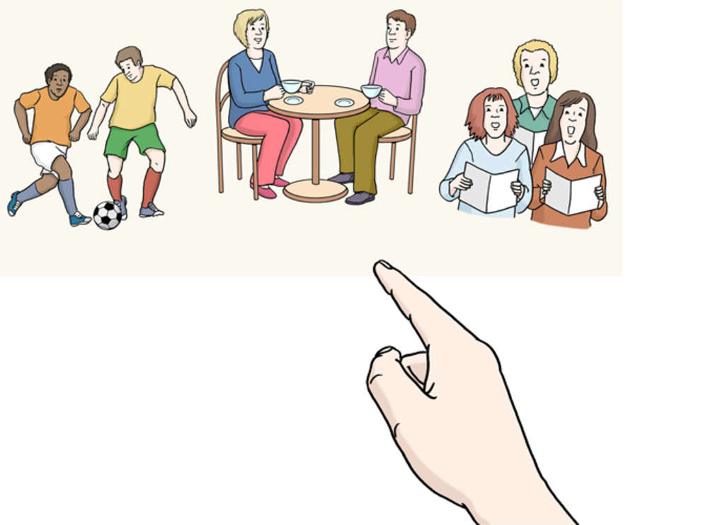 Dieses Bild zeigt eine Hand. Vor der Hand sind kleine Figuren bei Freizeit-Beschäftigungen zu sehen. Die Hand zeigt auf diese Figuren. Dieses Bild zeigt eine Hand. Vor der Hand sind kleine Figuren bei Freizeit-Beschäftigungen zu sehen. Die Hand zeigt auf diese Figuren.