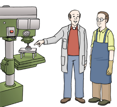 Das Bild zeigt zwei Männer in Arbeitskleidung, die neben einer Arbeitsmaschine stehen. En Mann erklärt dem anderen etwas. Das Bild zeigt zwei Männer in Arbeitskleidung, die neben einer Arbeitsmaschine stehen. En Mann erklärt dem anderen etwas.