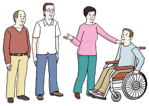 Auf dem Bild sieht man vier Personen. Eine sitzt im Rollstuhl. Sie wird von den anderen Personen angelächelt und mit einer Handbewegung in die Gruppe eingeladen. Auf dem Bild sieht man vier Personen. Eine sitzt im Rollstuhl. Sie wird von den anderen Personen angelächelt und mit einer Handbewegung in die Gruppe eingeladen.
