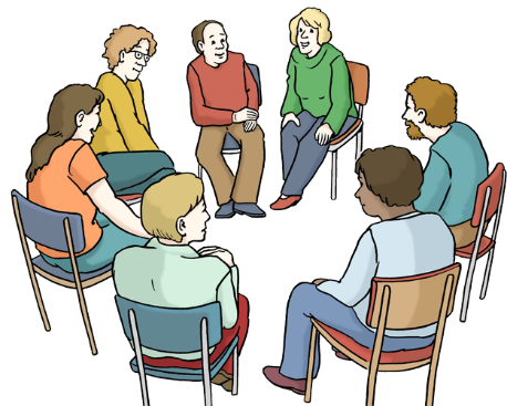 Das Bild zeigt eine Gruppe von Menschen, die auf Stühlen im Kreis sitzen Das Bild zeigt eine Gruppe von Menschen, die auf Stühlen im Kreis sitzen